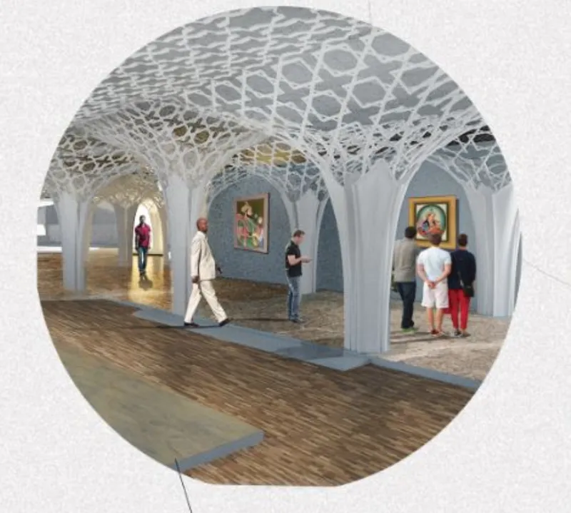 Gallery interior with white branching columns supporting a geometric vaulted ceiling and visitors viewing paintings