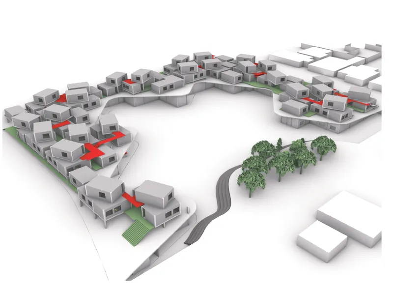Elevated perspective of the crescent-shaped housing development surrounding a landscaped central pathway with trees