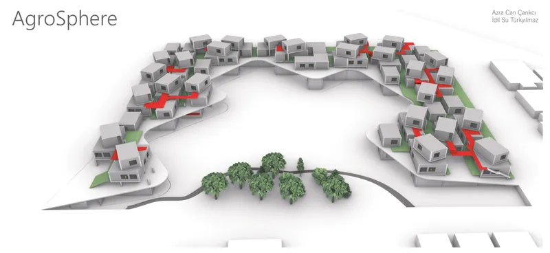 Aerial view of curved housing complex with white volumes, red canopies, and central row of trees