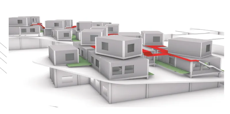 Close-up of stacked residential units with red roof terraces and green courtyards on white platforms