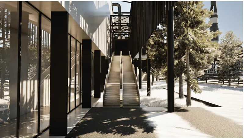 Broad staircase ascending beneath exposed steel trusses with glazed volumes and trees visible in winter sunlight