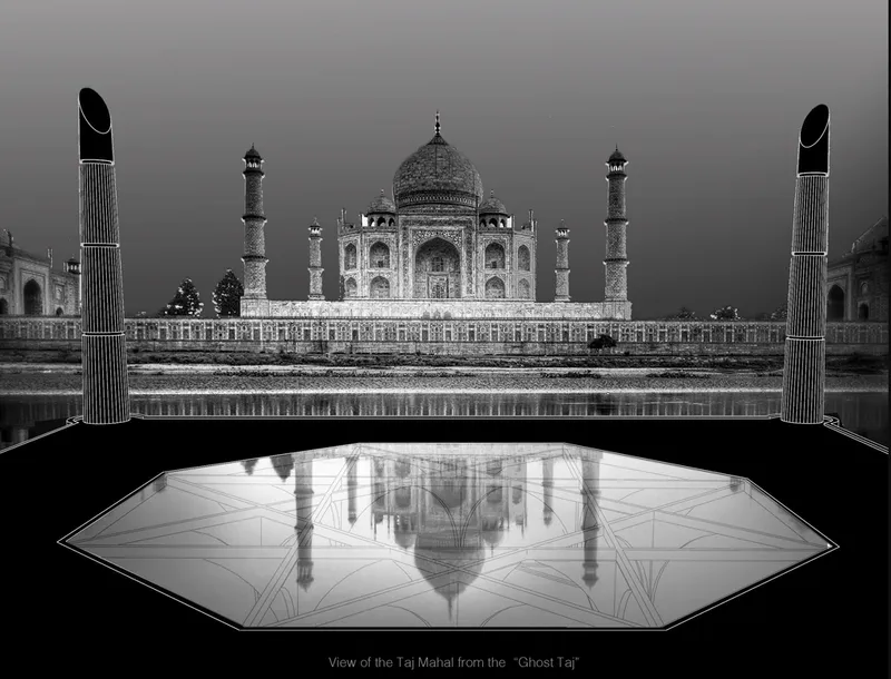 Hexagonal reflecting pool with striped towers flanking a domed mausoleum under an overcast sky