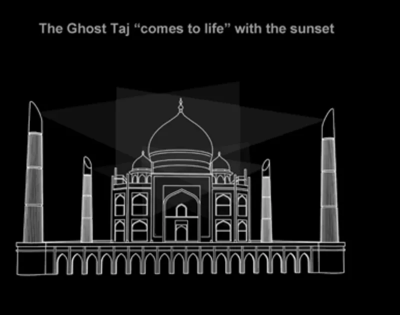 Elevation drawing in white line work showing domed structure with four minarets at twilight