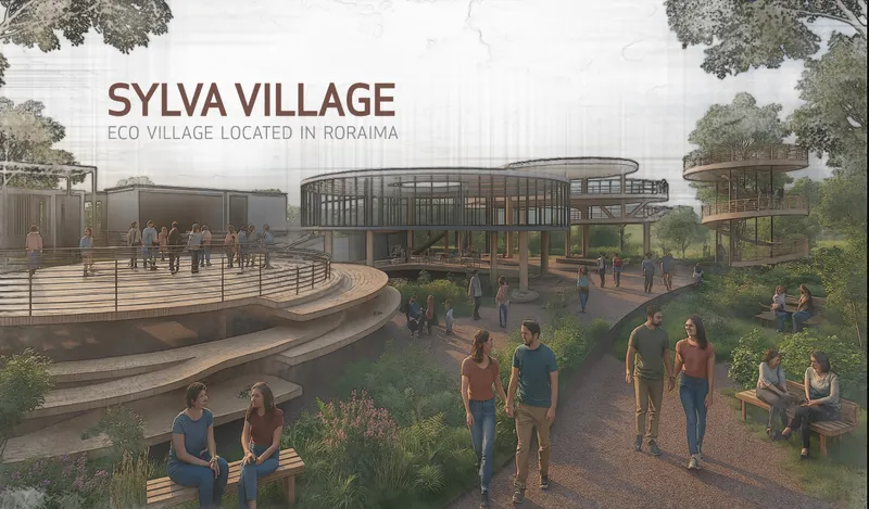 Rendering of a cluster of timber-framed pavilions arranged along curved pathways with visitors strolling through greenery