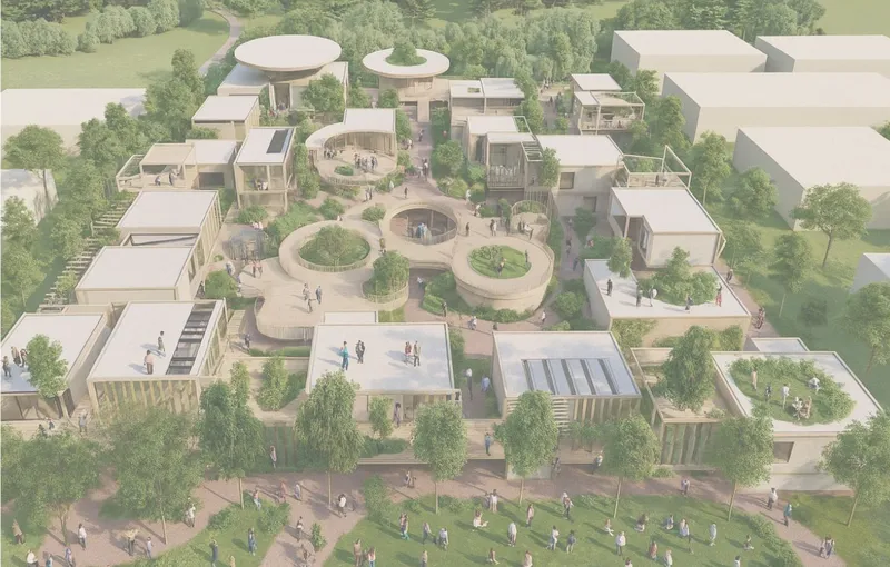 Aerial view showing circular terraced courtyards, flat-roofed volumes, and tree-lined pathways between planted gardens