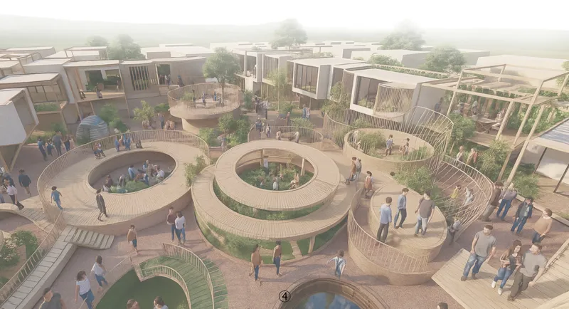 Ground-level view of concentric circular terraces with woven timber screens and groups of people gathered in misty light
