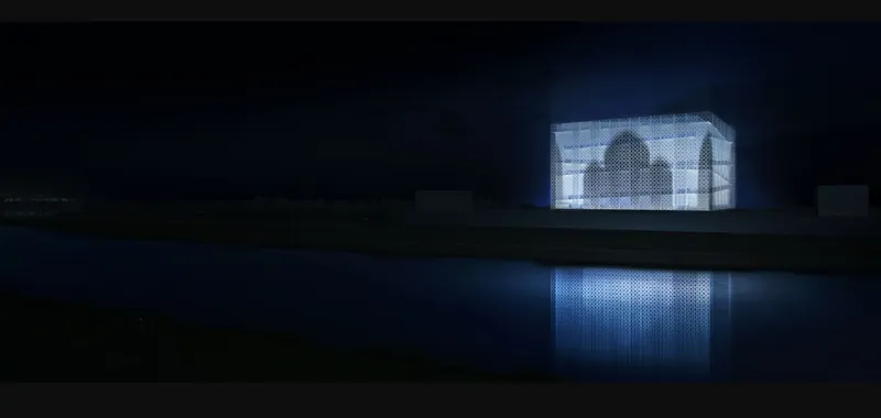 Illuminated perforated facade glowing beside still water at night with reflection on dark surface