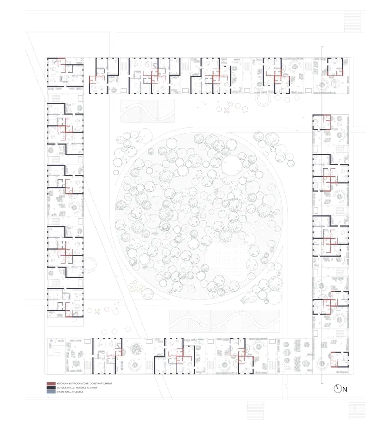 Floor plan drawing showing residential units arranged around a central landscaped courtyard with north orientation
