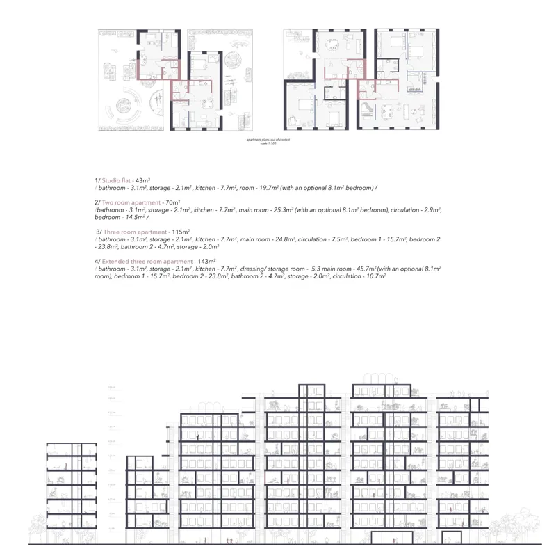 Unit floor plans and building section drawing illustrating apartment layouts and stepped massing across multiple towers