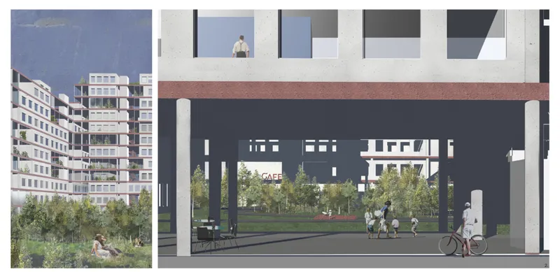 Rendered section view through the colonnade with cafe signage, cyclists, and residential blocks beyond green space