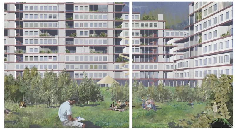 Rendered courtyard view showing residents on the lawn beneath residential facades with recessed balconies and planted terraces