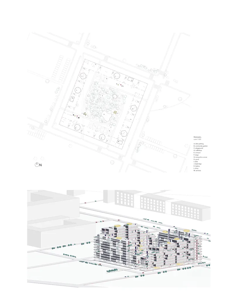 Site plan and exploded axonometric drawing showing residential blocks arranged around a central courtyard with landscaping
