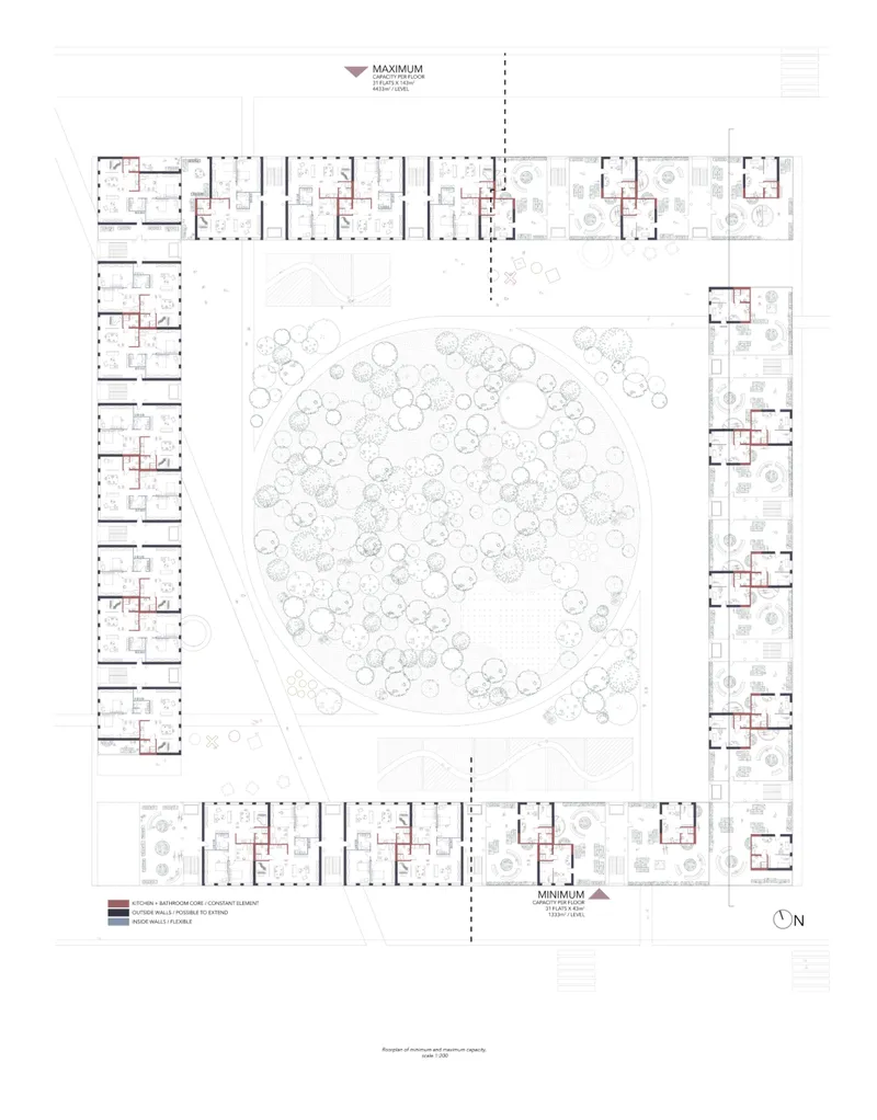 Ground floor plan drawing depicting residential wings framing a circular courtyard with dense tree planting