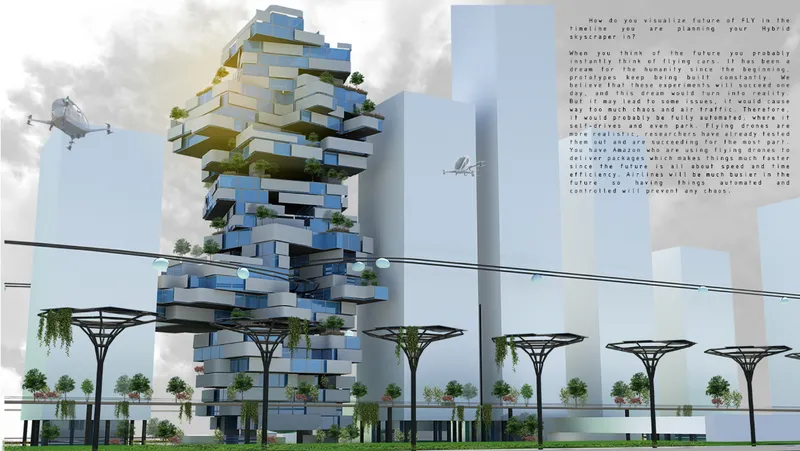 Stacked tower with protruding balconies and planted terraces beside a row of umbrella-shaped canopy structures