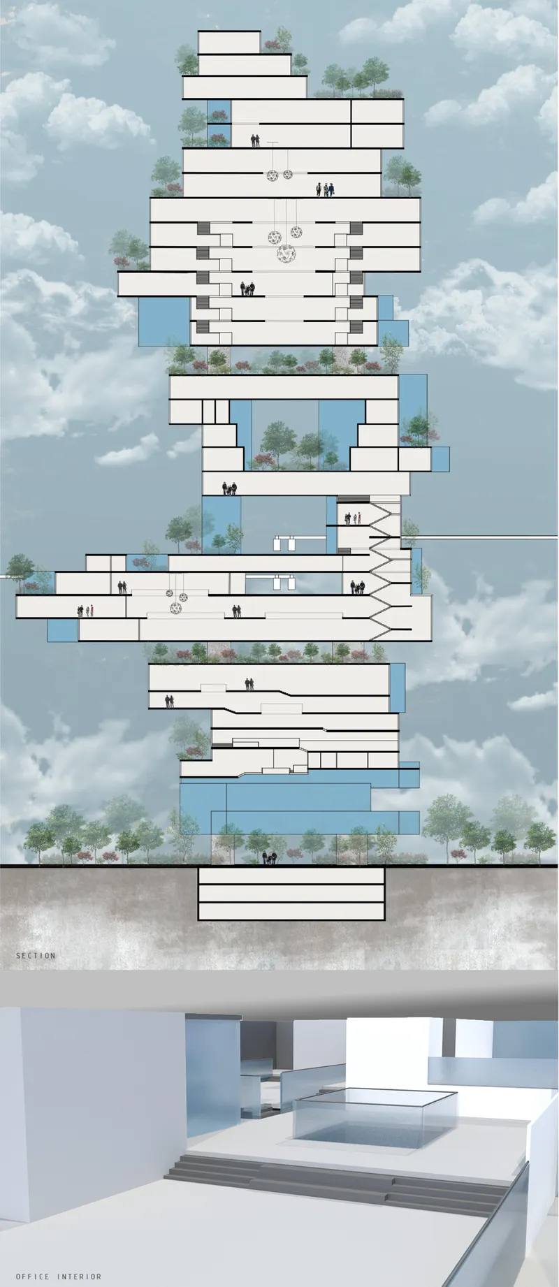 Section drawing of staggered tower volumes with planted sky terraces and interior floor layouts