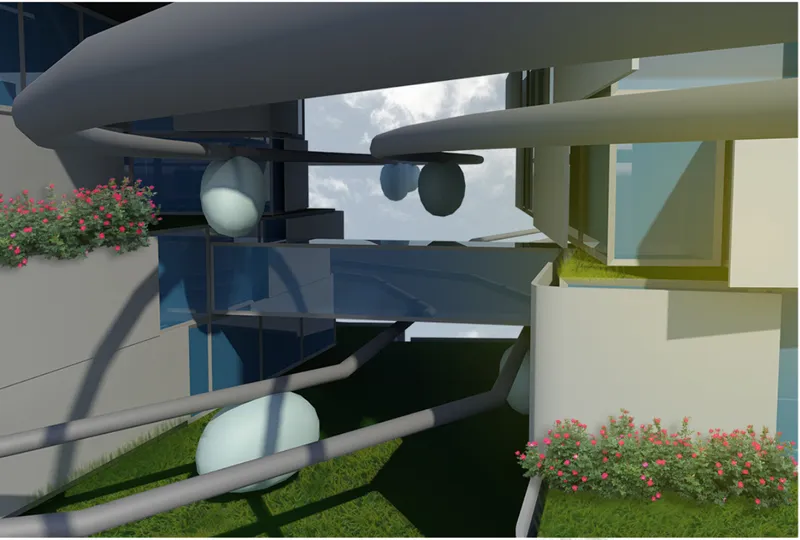 Rendered view through stacked balconies with spherical drone modules hovering between planted terraces under cloudy sky