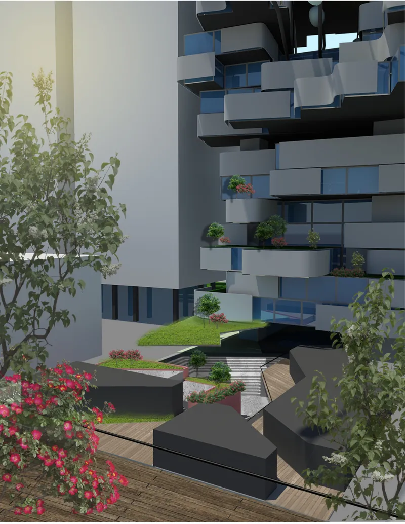 Ground-level courtyard with curving lawn, timber decking, and flowering planters beneath cantilevered residential slabs