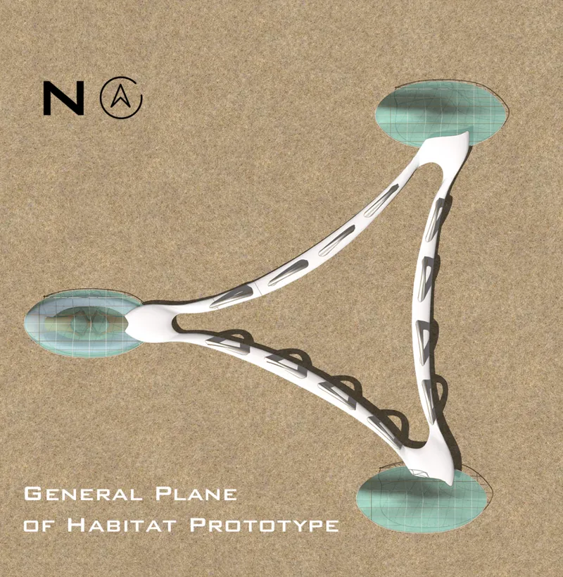 Plan drawing showing three oval structures connected by white circulation paths on sandy terrain