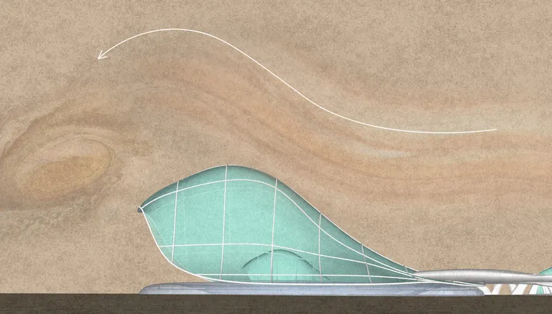 Section drawing depicting a teardrop-shaped glass enclosure with curved metal ribs against sandy ground