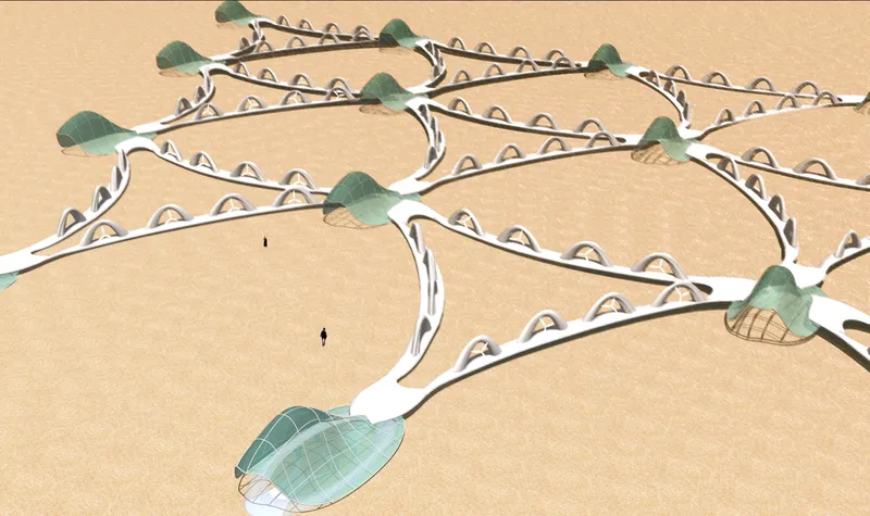Axonometric drawing of interconnected white pathways with repeated arched openings and green domed structures