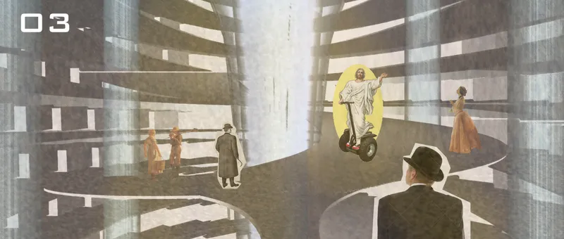 Section perspective showing figures in a layered interior space with horizontal light bands