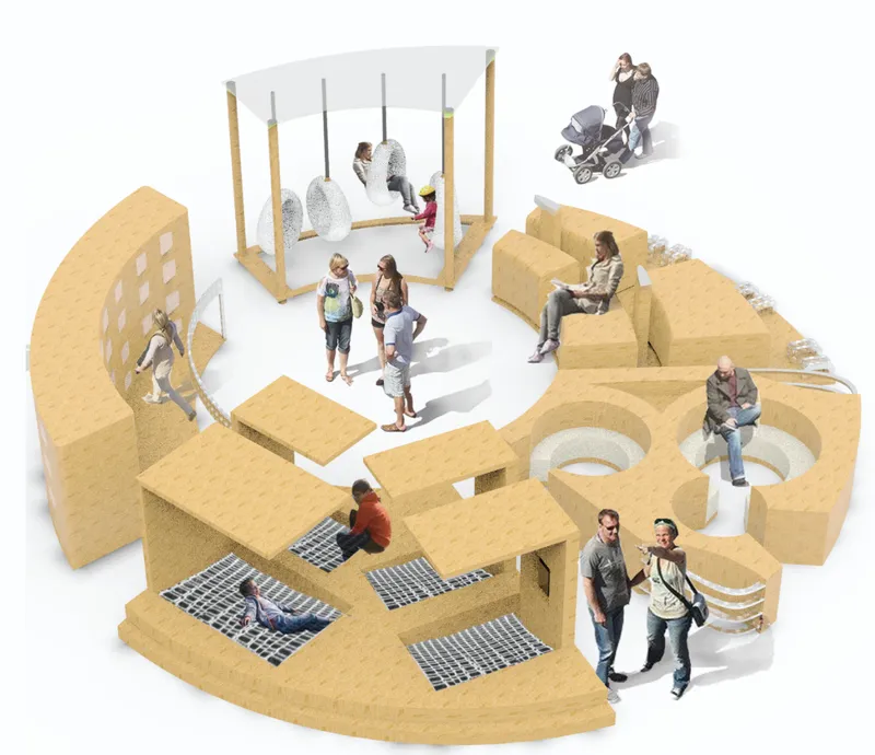 Axonometric drawing of modular timber furniture components with swing seats, benches and seating zones occupied by visitors