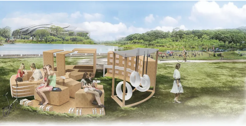 Rendering of timber modular seating elements on grass with people gathering near the lakefront and roof structure