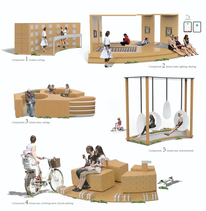 Diagram showing five timber furniture component types including lockers, stepped seating, curved benches and swing frames
