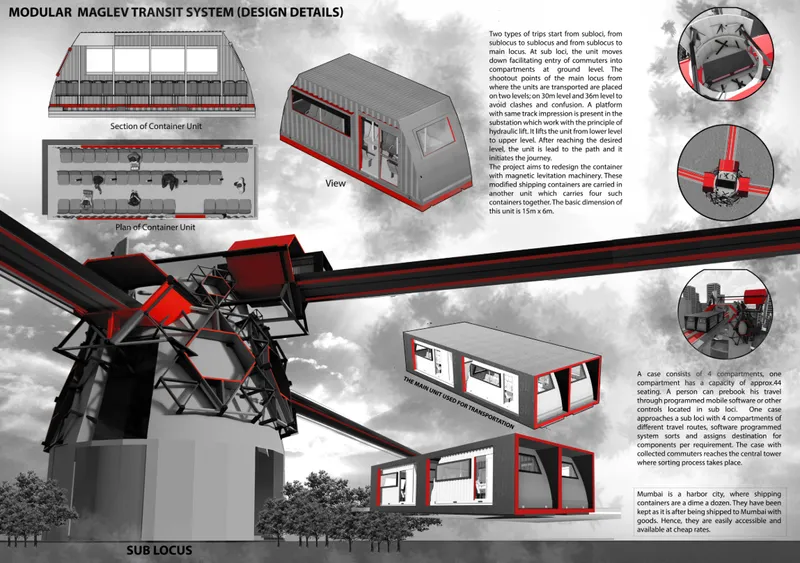 Technical drawing showing container transit system components including sections, plans, and views with red accent details