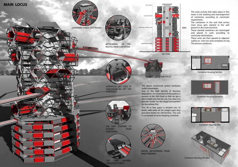 Exploded axonometric drawing of modular tower structure with red container units and detailed connection diagrams