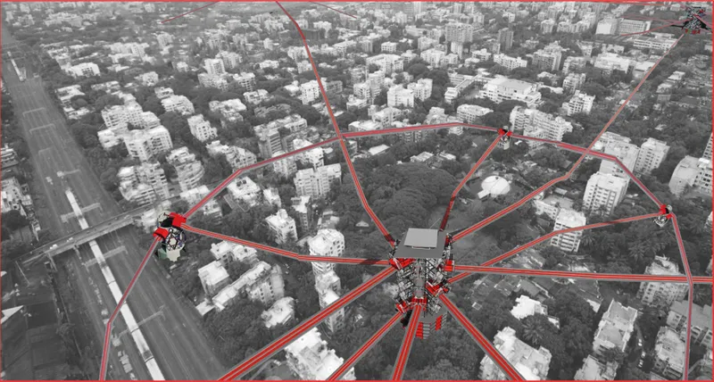 Aerial view of radial transit network overlaid in red across dense urban fabric with residential blocks