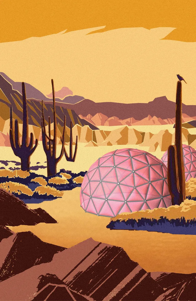 Illustration of geodesic dome dwellings in a desert landscape with cacti and mountains at sunset
