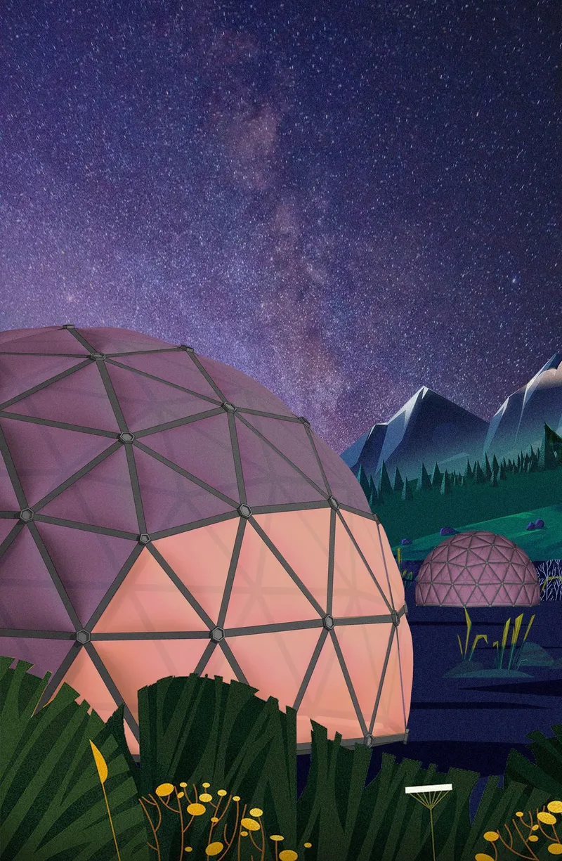 Geodesic dome structures with illuminated translucent panels beneath a starry night sky and the Milky Way