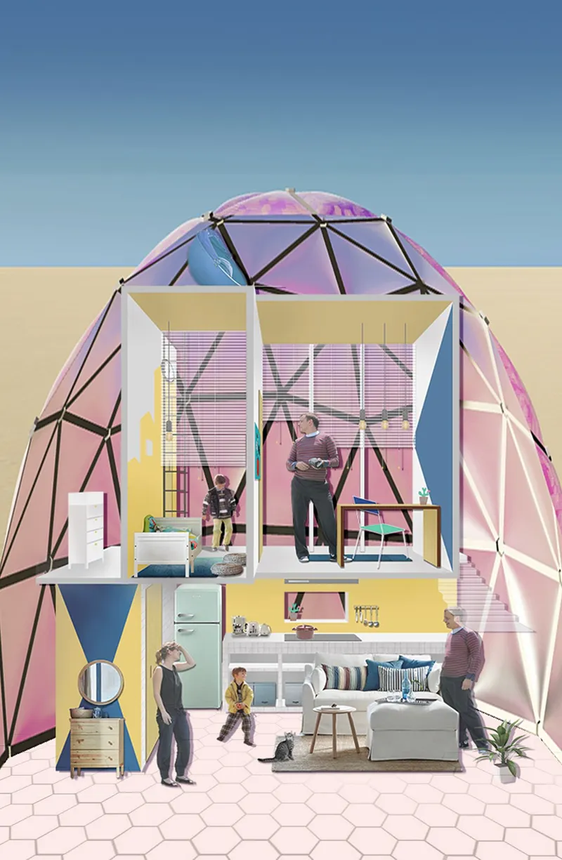 Section cutaway of a geodesic dome revealing two-story interior living spaces with residents and furnishings