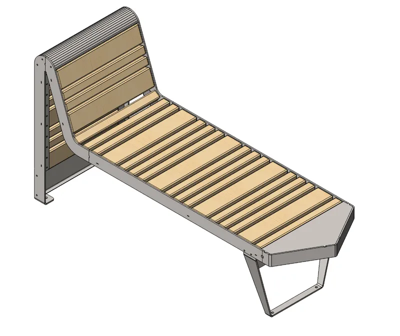 Isometric rendering of a chaise lounge with timber slats and a steel frame on tubular legs