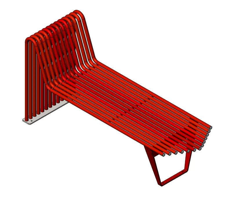 Isometric view of a red tubular steel bench with continuous curved slats forming backrest and seat