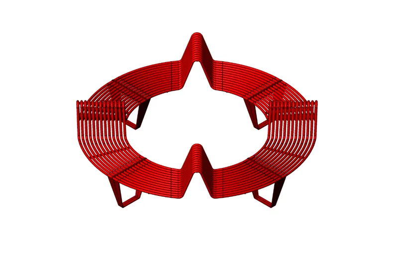 Top-down view of four red tubular benches arranged in a circular configuration around a central void
