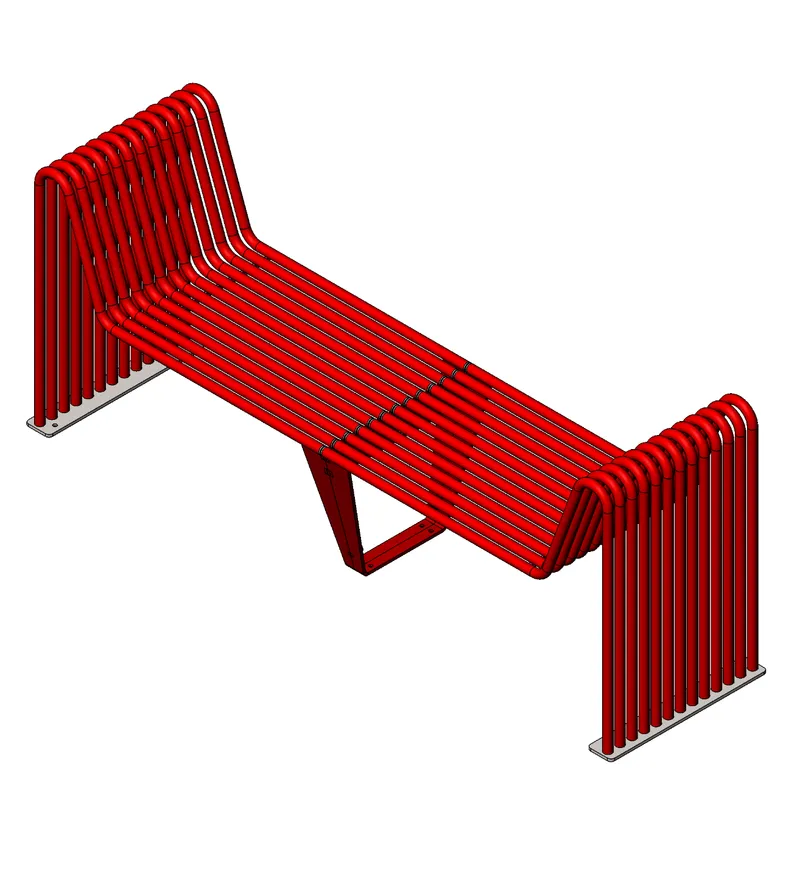 Isometric view of a serpentine red bench with tubular slats connecting two raised backrest ends