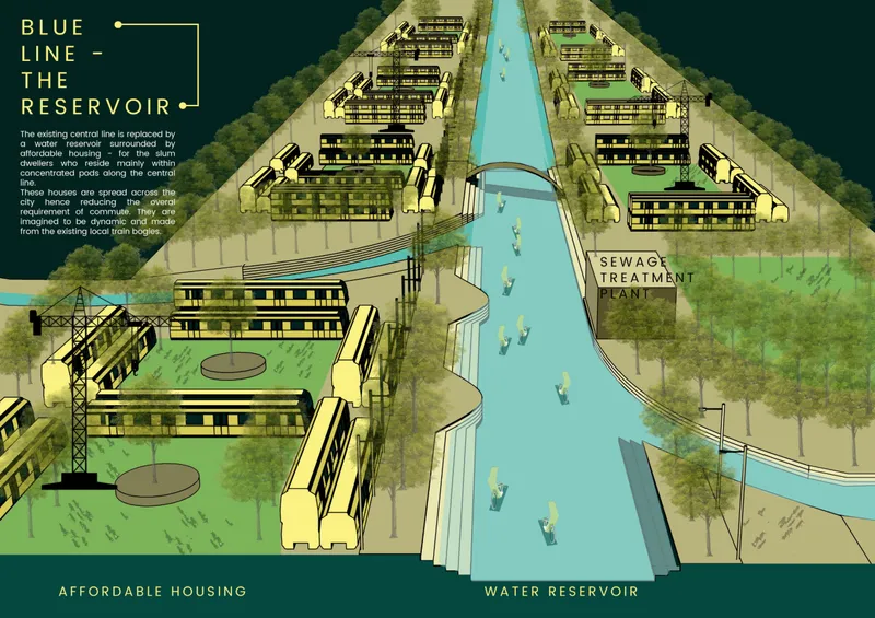 Isometric drawing depicting residential buildings along a central water reservoir with treatment facilities