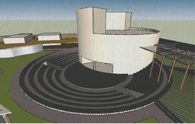 Axonometric rendering showing a circular amphitheater and cylindrical tower with adjacent timber canopy structures