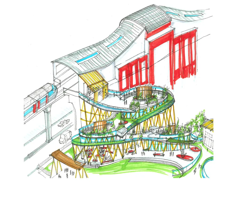 Sectional perspective sketch revealing the undulating roof, red portals, and spiraling green ramps with planted terraces