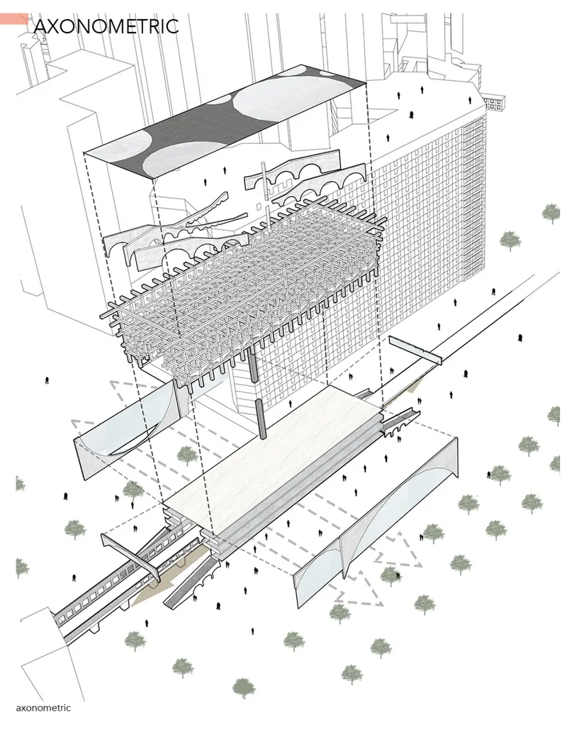 Axonometric drawing showing a multi-level station with textured roof canopy and surrounding trees