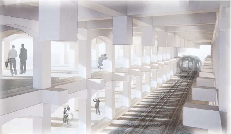Interior rendering of white terraced platforms with arched openings and an approaching train