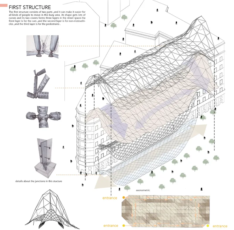 Axonometric drawing depicting a tensile mesh structure enveloping cylindrical towers with detail callouts