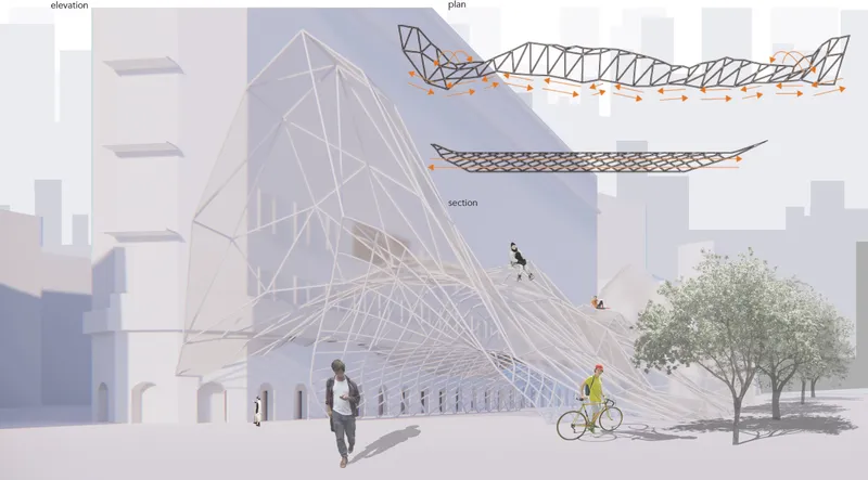 Composite rendering showing triangulated canopy structure with pedestrians and cyclist in urban plaza