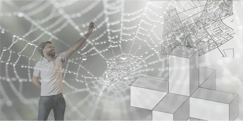Conceptual collage with person reaching toward network diagram overlaid on exploded axonometric volumes