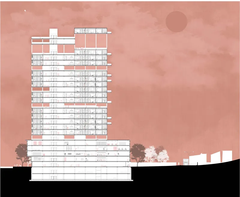 Section drawing of a residential tower showing stacked floor plates with trees and a pink sky