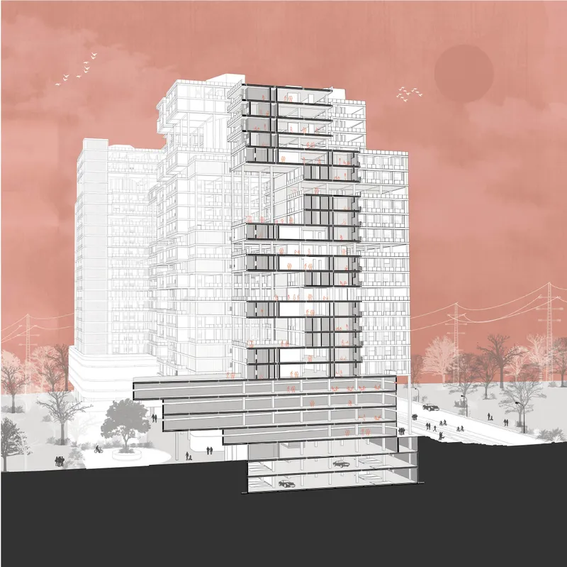 Section drawing showing staggered balconies and terraces on a tower with surrounding site context and figures