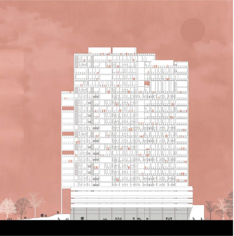 Elevation drawing of a tower facade with gridded window pattern and figures at the base