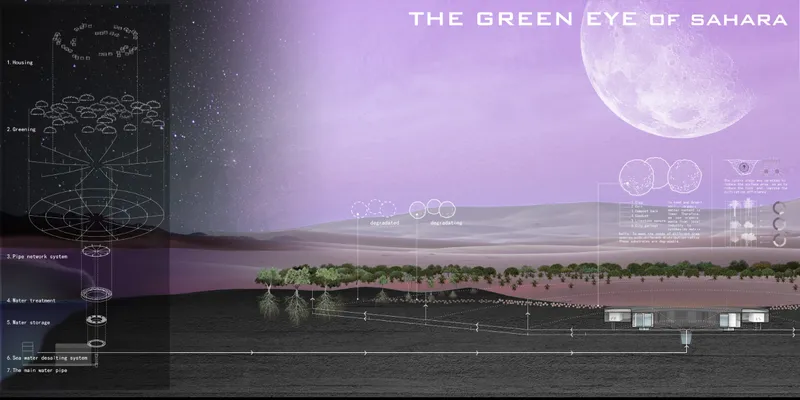 Section drawing illustrating an underground water system with planted trees along a desert horizon beneath a purple sky